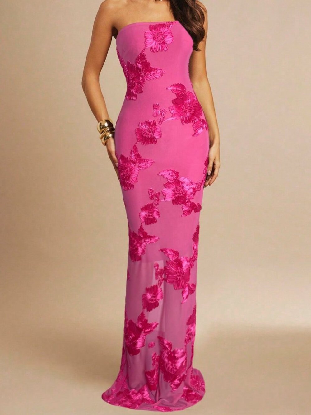 Hot Pink Party Women's 3d Floral Sexy Bodycon Strapless Dress - Picture 3 of 5